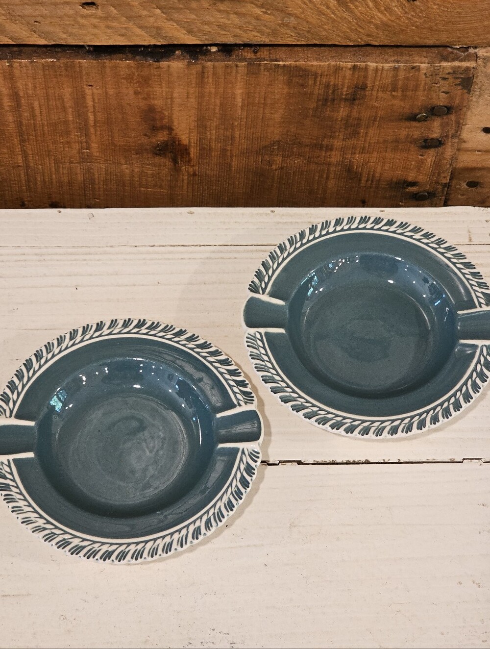 Set Of 2 Vintage 1950's MCM Harker Pottery Company Corinthian Green Ashtrays